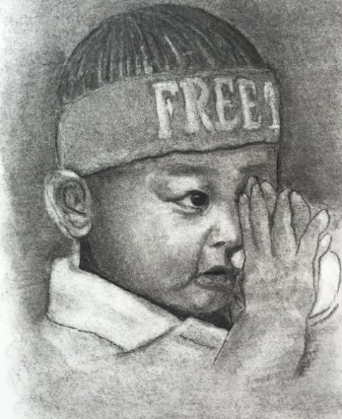 Kultegning, drengeportræt, free Tibet, Regitze Schmidt